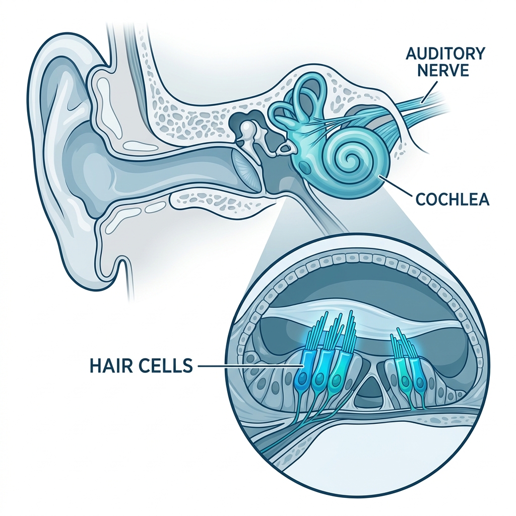Medical illustration of the inner ear cochlea and hair cells affected by age-related hearing loss